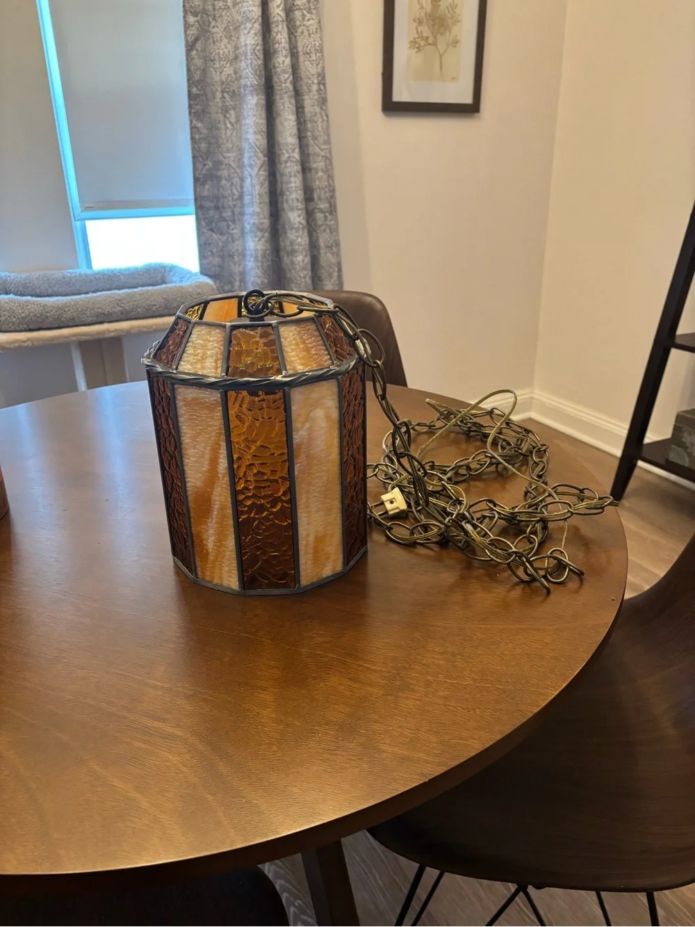 Stained Glass Hanging Lantern Swag Lamp- Amber and Cream